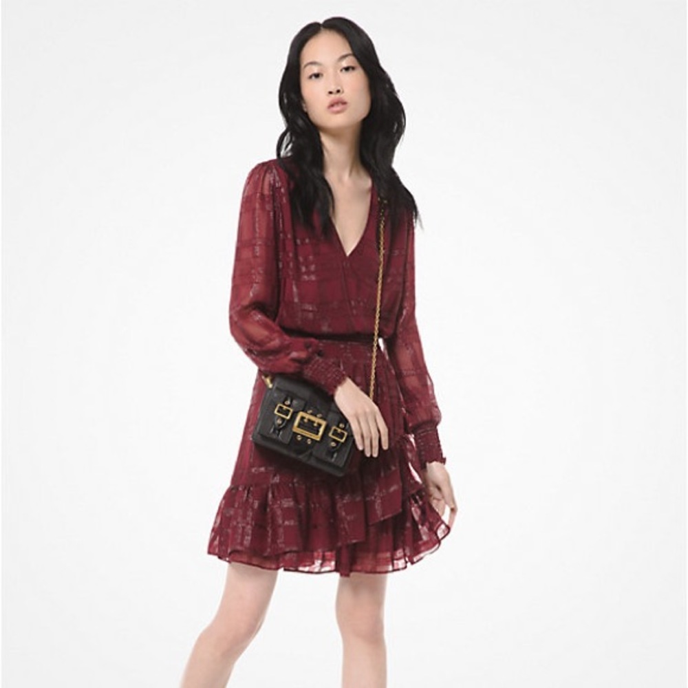 Michael Kors - Shiny Plaid Ruffled Jacquard Mini Dress